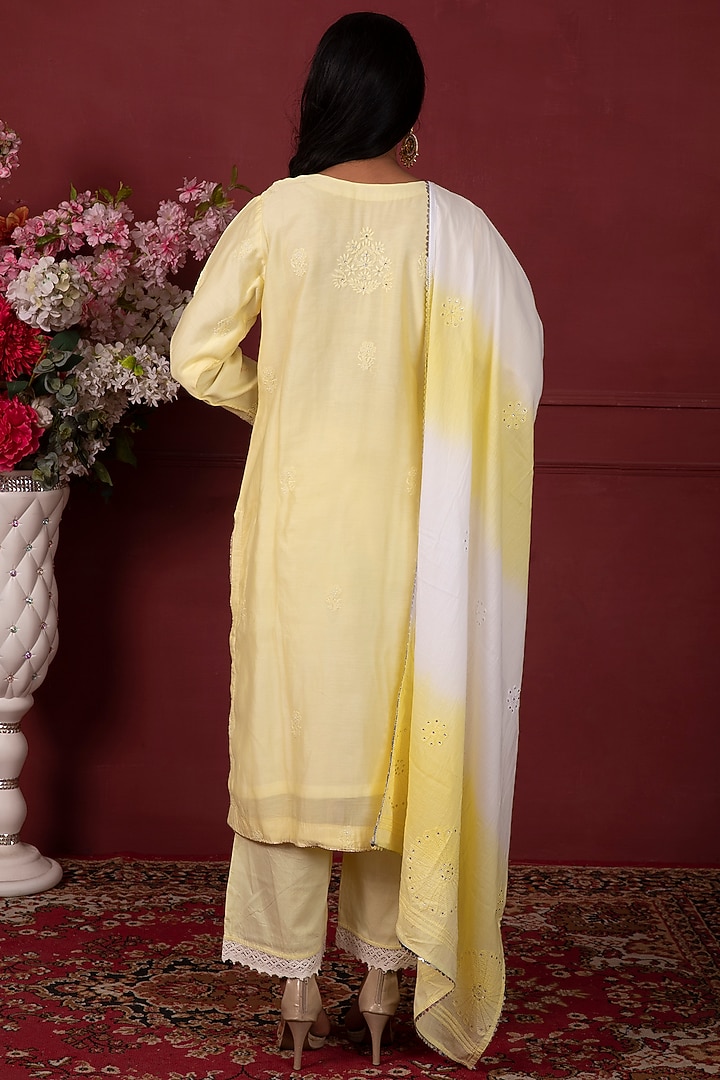 Yellow Chanderi Embroidered Kurta Set by Ruh Clothing at Pernia's Pop Up Shop