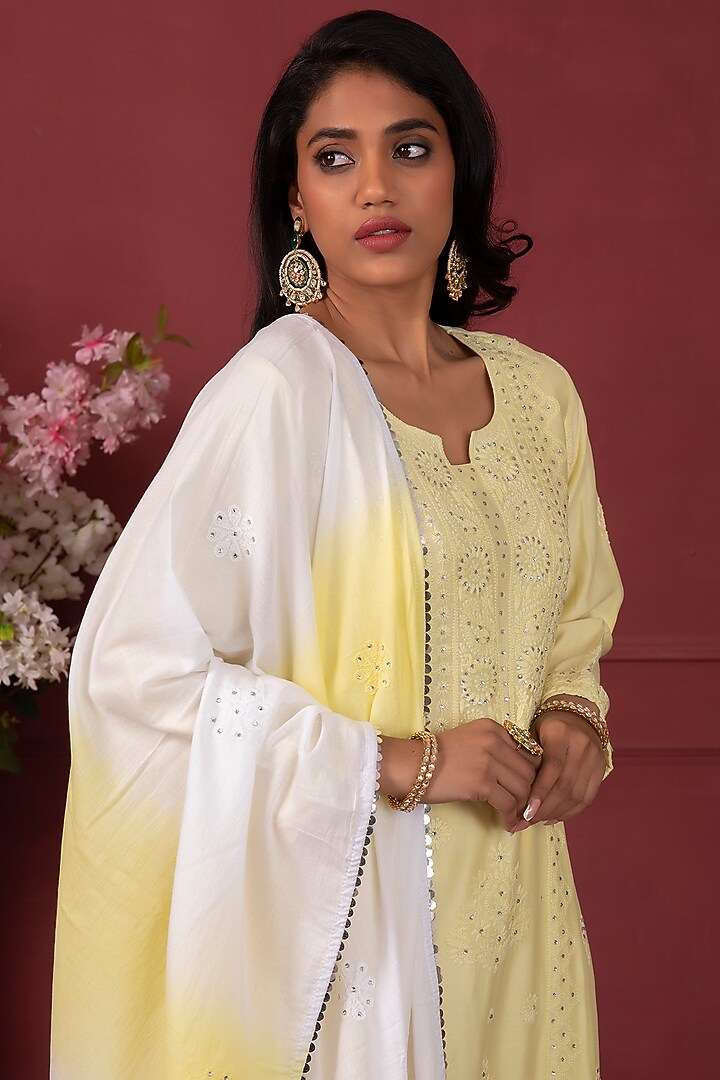 Yellow Chanderi Embroidered Kurta Set by Ruh Clothing at Pernia's Pop Up Shop