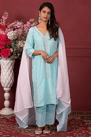 Firozi Chanderi Embroidered Kurta Set by Ruh Clothing