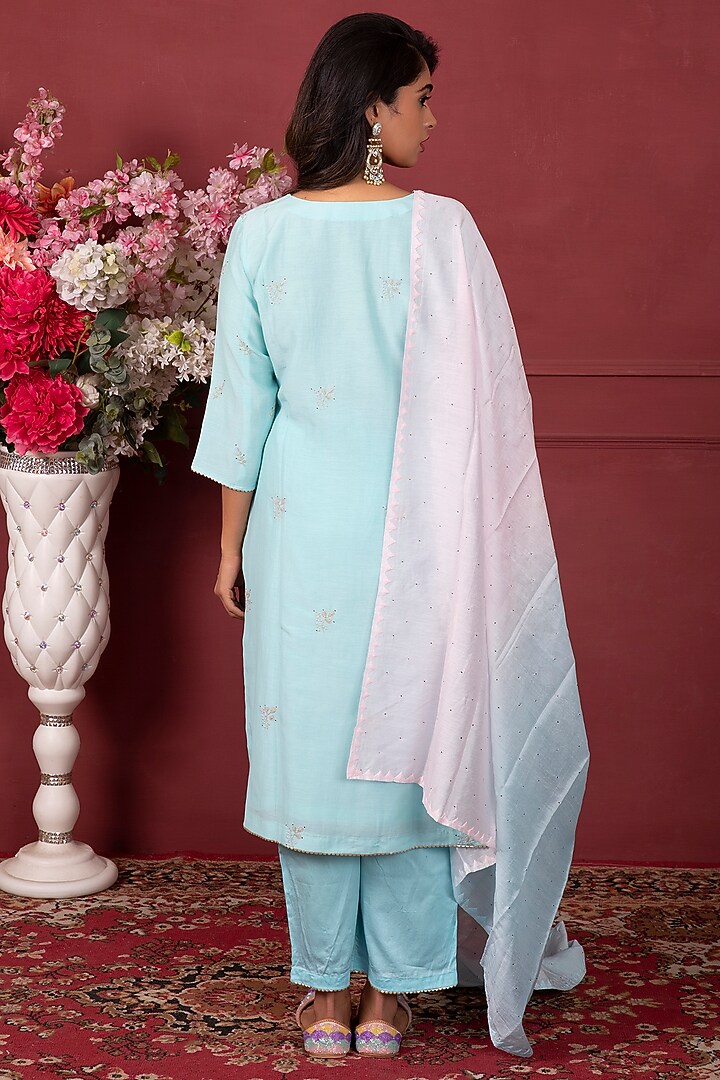 Firozi Chanderi Embroidered Kurta Set by Ruh Clothing at Pernia's Pop Up Shop