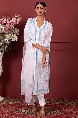 White & Blue Organic Cotton Kurta Set by Ruh Clothing