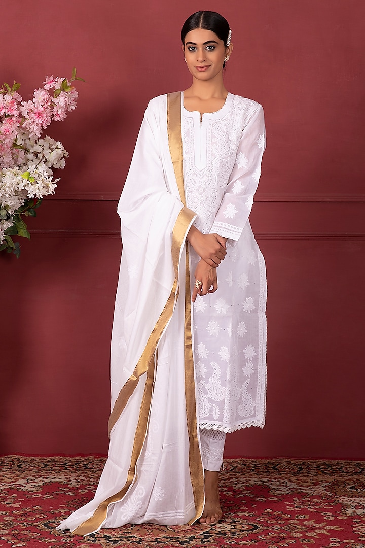 White Cotton Embroidered Kurta Set by Ruh Clothing