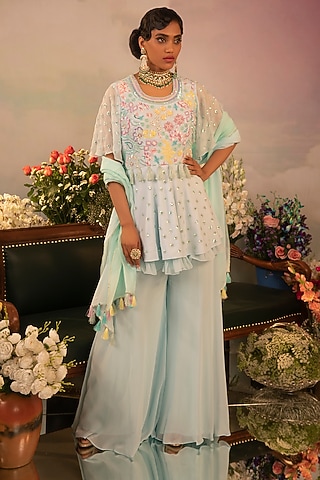 Light Blue Georgette Sharara Set by Ruh Clothing