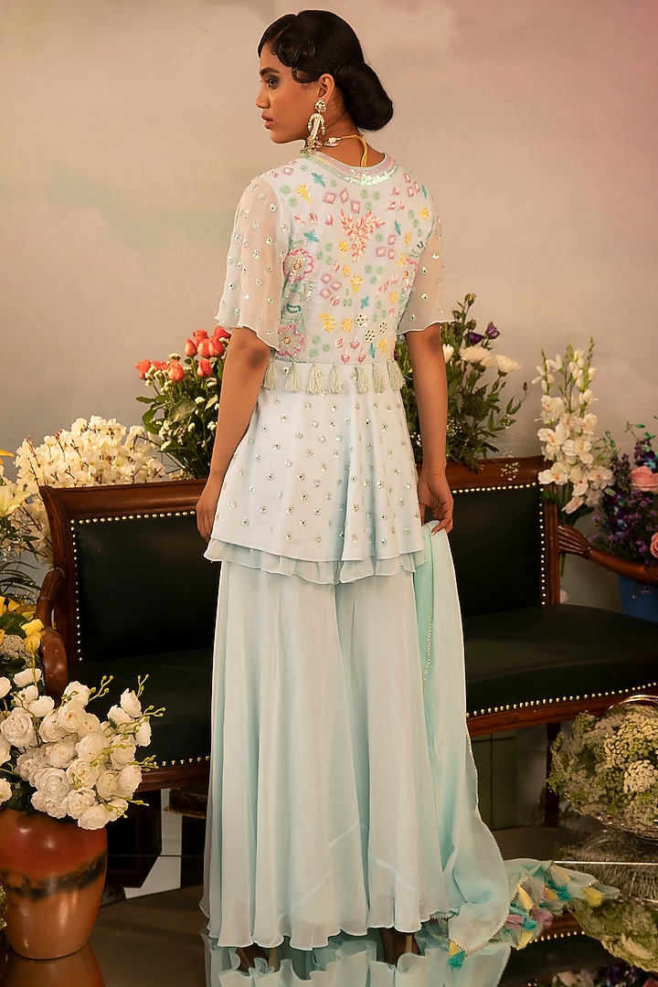 Light Blue Georgette Party Wear Sharara Set by Ruh Clothing at Pernia's Pop Up Shop