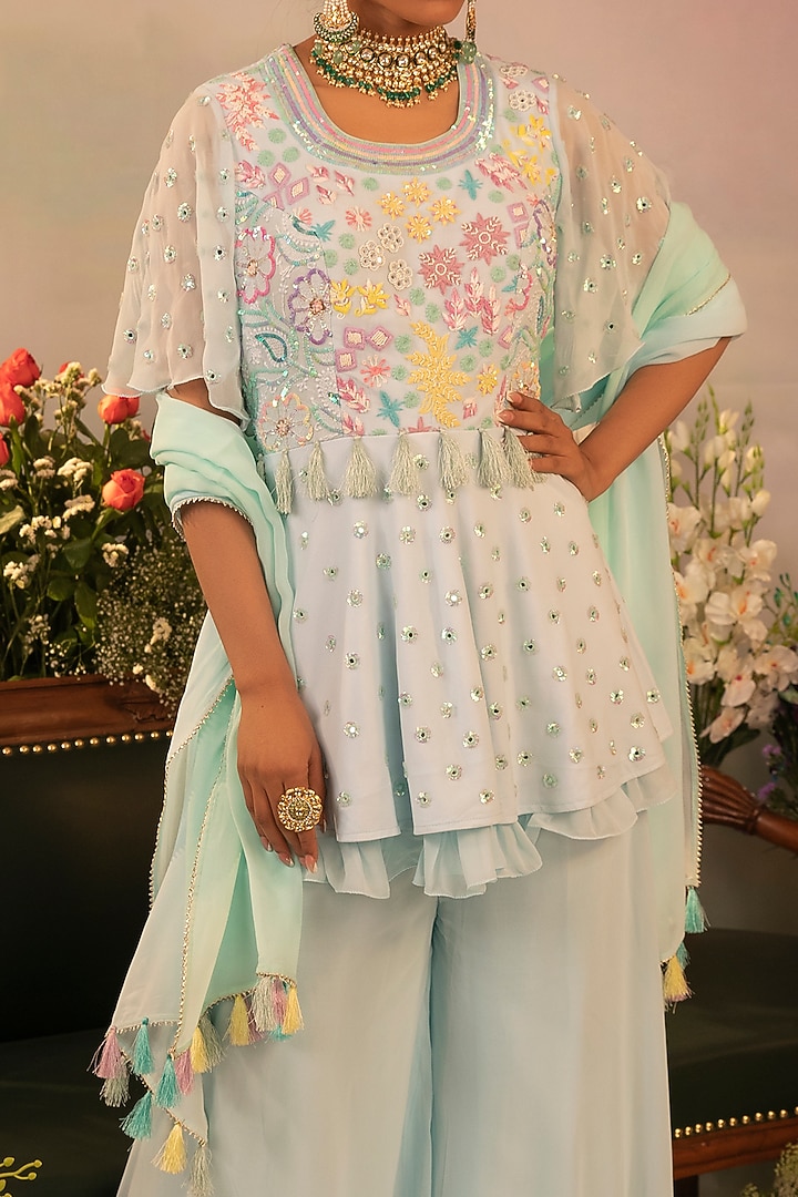 Light Blue Georgette Party Wear Sharara Set by Ruh Clothing at Pernia's Pop Up Shop