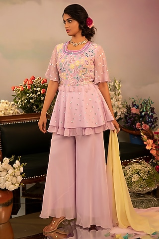 Light Mauve Georgette Sharara Set by Ruh Clothing