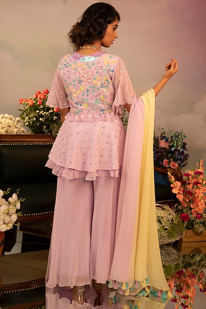 Light Mauve Georgette Party Wear Sharara Set by Ruh Clothing at Pernia's Pop Up Shop