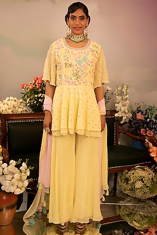Lemon Yellow Georgette Sharara Set by Ruh Clothing