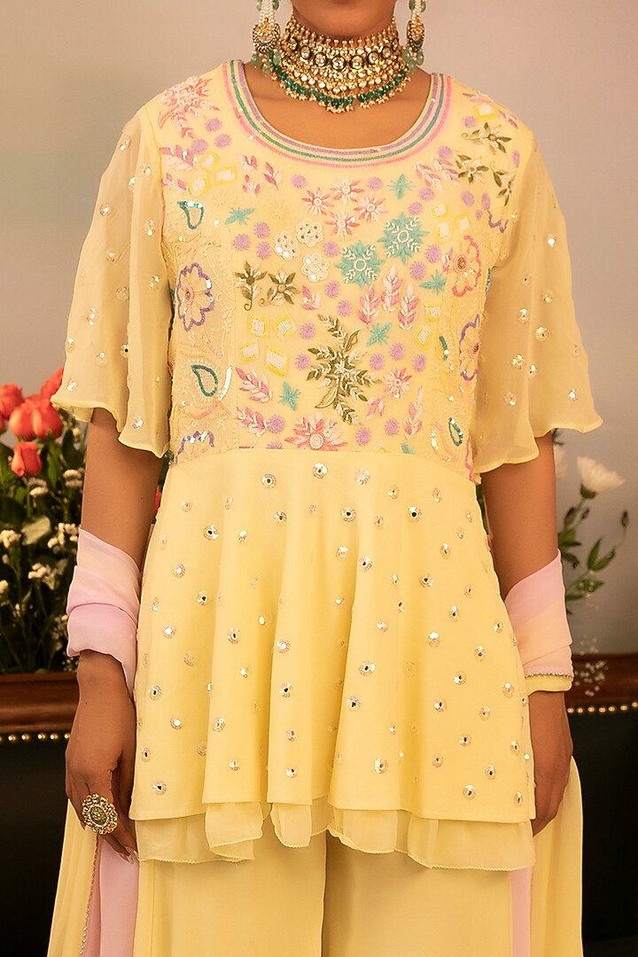 Lemon Yellow Georgette Party Wear Sharara Set by Ruh Clothing at Pernia's Pop Up Shop