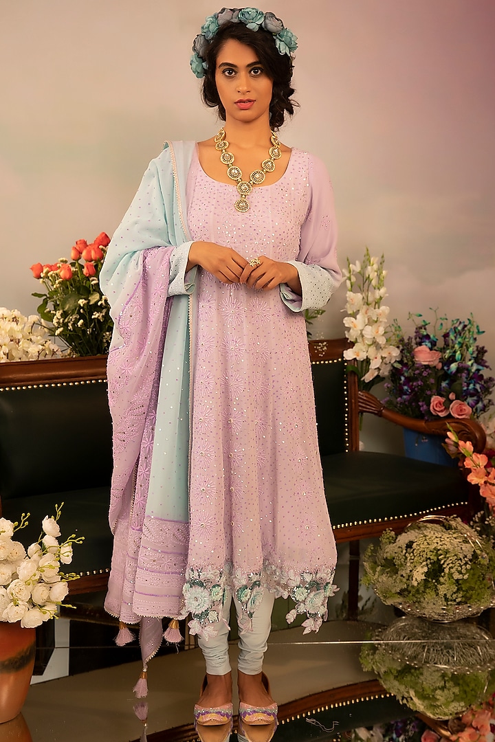 Lavender-Mauve Hand Embroidered Anarkali Set by Ruh Clothing