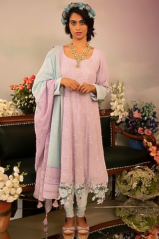 Lavender-Mauve Hand Embroidered Anarkali Set by Ruh Clothing
