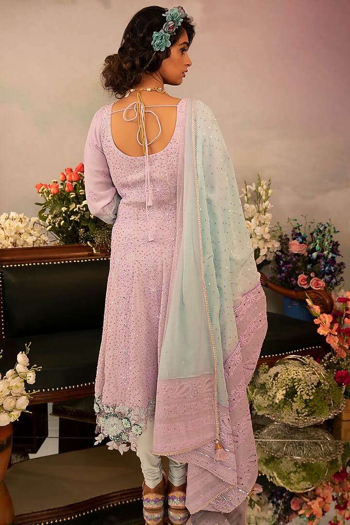 Lavender-Mauve Hand Embroidered Wedding Anarkali Set by Ruh Clothing at Pernia's Pop Up Shop
