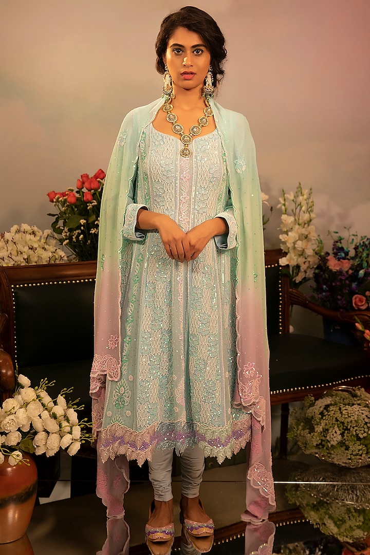 Light Blue Embroidered Anarkali Set by Ruh Clothing