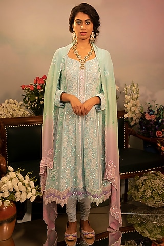 Light Blue Embroidered Anarkali Set by Ruh Clothing