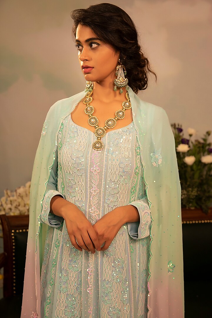 Light Blue Embroidered Bridal Anarkali Set by Ruh Clothing at Pernia's Pop Up Shop