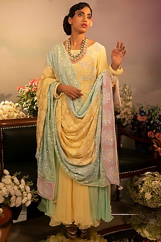 Lemon Yellow & Green Georgette Sharara Set by Ruh Clothing