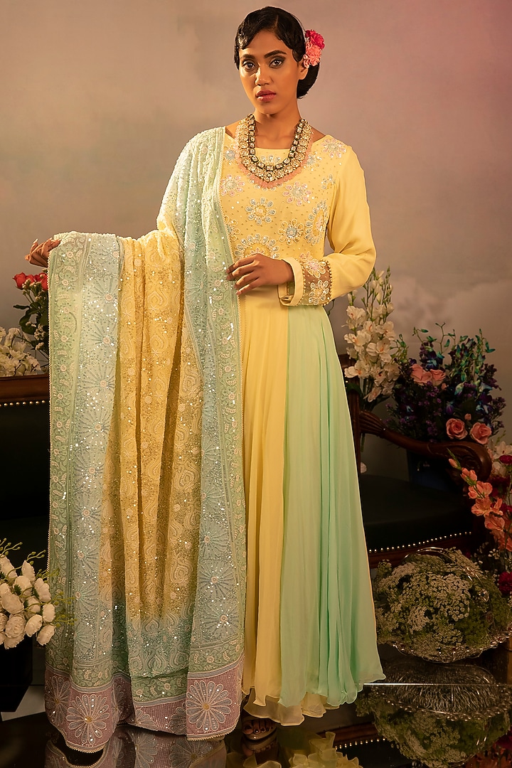 Lemon Yellow & Green Georgette Bridal Sharara Set by Ruh Clothing at Pernia's Pop Up Shop