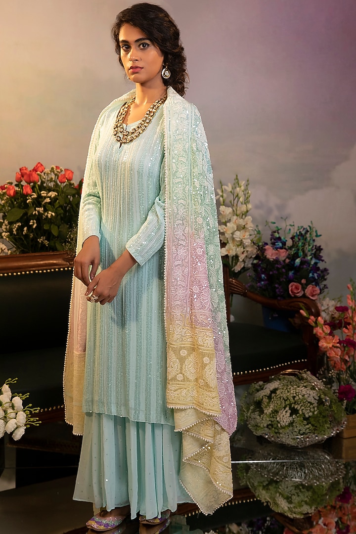 Powder Blue Georgette Bridal Sharara Set by Ruh Clothing at Pernia's Pop Up Shop