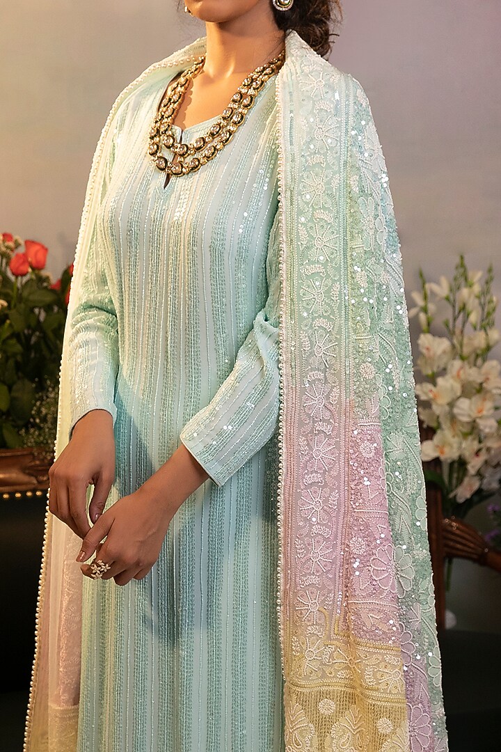 Powder Blue Georgette Bridal Sharara Set by Ruh Clothing at Pernia's Pop Up Shop
