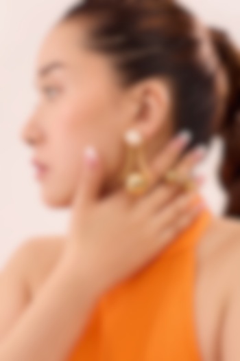 Gold Plated Champagne Swarovski Stone & Pearl Enameled Dangler Earrings by Ruhheite at Pernia's Pop Up Shop