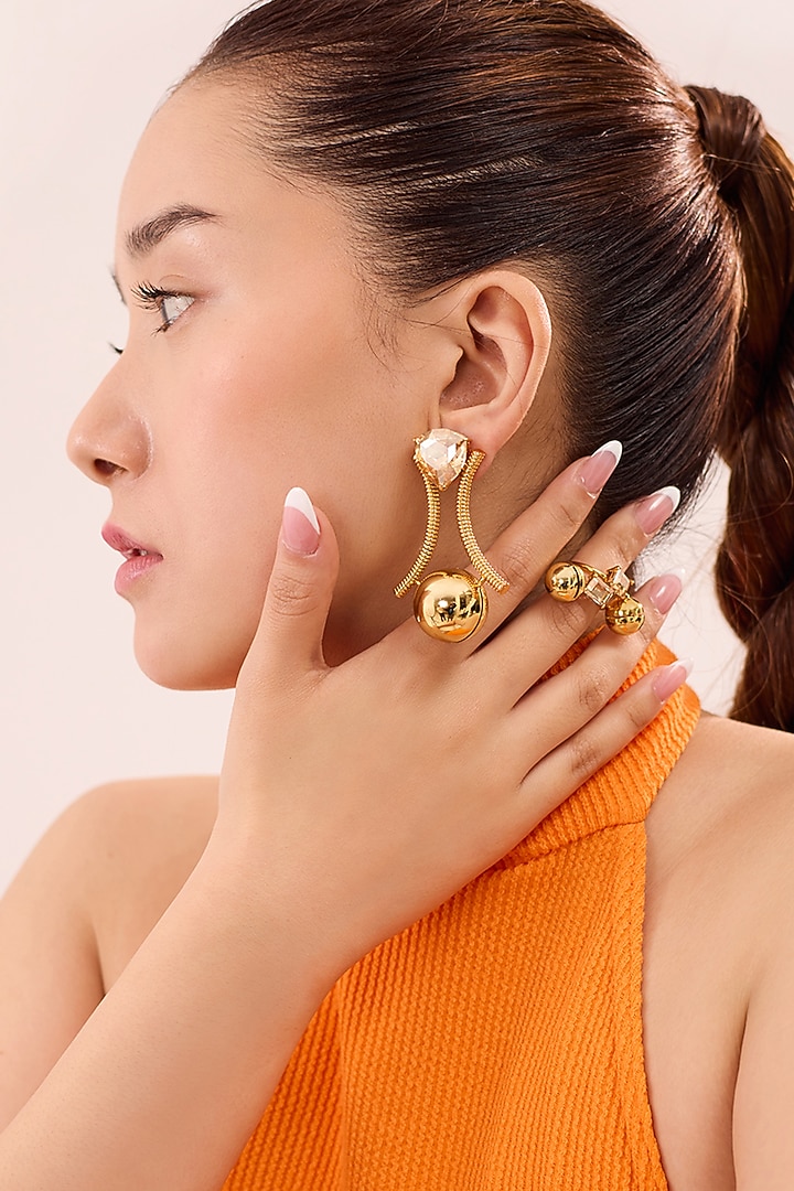 Gold Plated Champagne Swarovski Stone & Pearl Enameled Dangler Earrings by Ruhheite at Pernia's Pop Up Shop