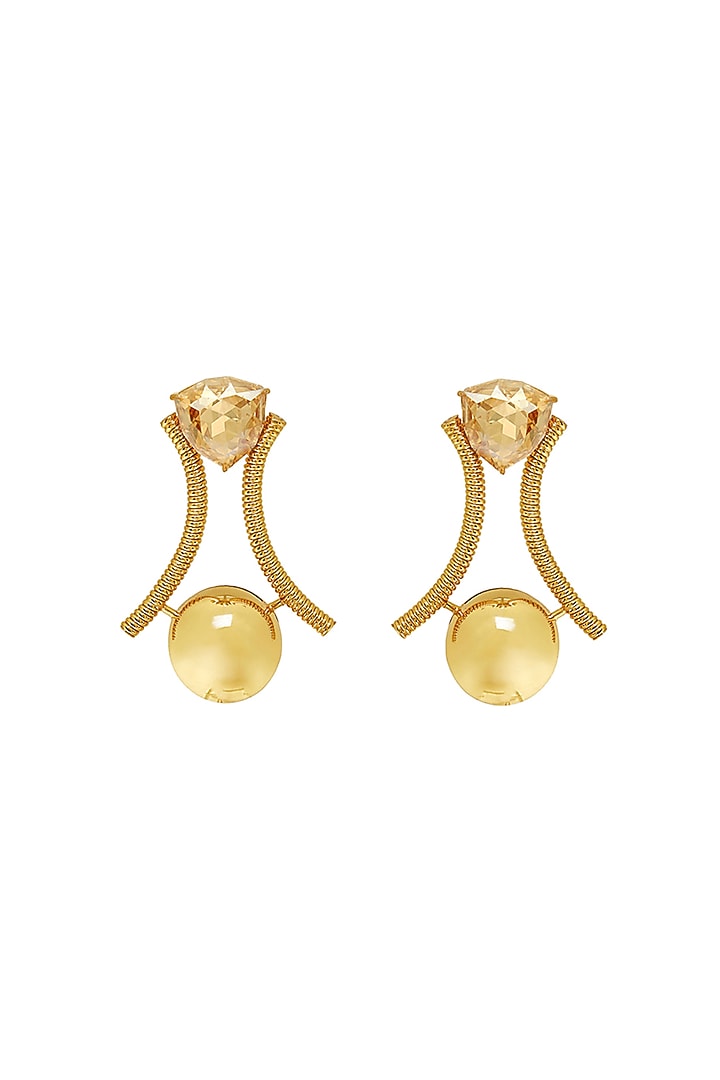 Gold Plated Champagne Swarovski Stone & Pearl Enameled Dangler Earrings by Ruhheite at Pernia's Pop Up Shop