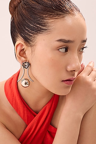 White Finish Swarovski Stone & Pearl Enameled Dangler Earrings by Ruhheite
