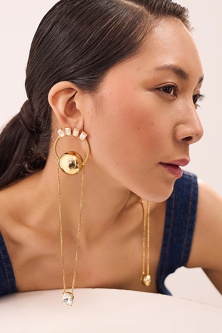 Gold Plated Champagne Swarovski Stone & Pearl Enameled Dangler Earrings by Ruhheite at Pernia's Pop Up Shop