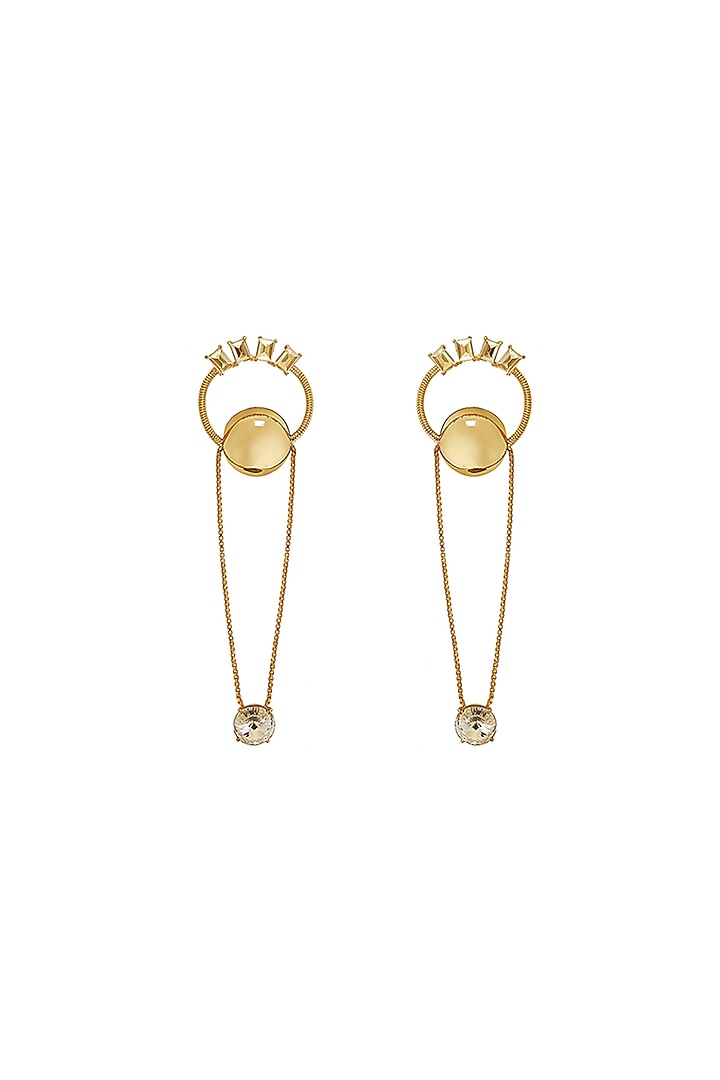 Gold Plated Champagne Swarovski Stone & Pearl Enameled Dangler Earrings by Ruhheite at Pernia's Pop Up Shop