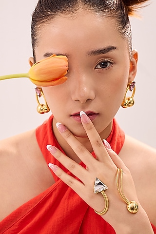 Gold Plated Swarovski Stone & Pearl Enameled Palm cuff by Ruhheite