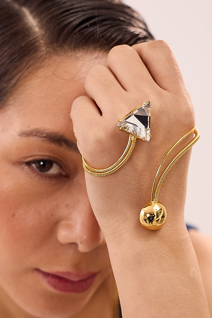 Gold Plated Swarovski Stone & Pearl Enameled Palm cuff by Ruhheite at Pernia's Pop Up Shop