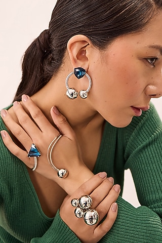 White Finish Blue Swarovski Stone & Pearl Palm Cuff by Ruhheite
