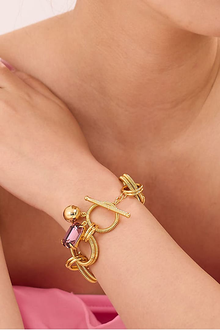 Gold Finish Pink Swarovski Stone Openable Bracelet by Ruhheite at Pernia's Pop Up Shop