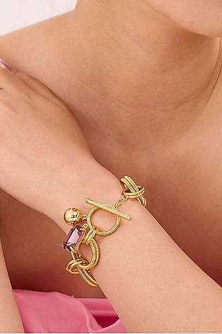 Gold Finish Pink Swarovski Stone Openable Bracelet by Ruhheite
