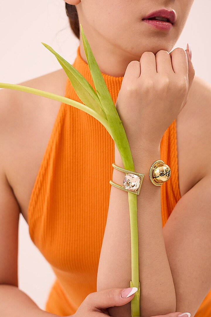 Gold Finish Swarovski Stone Adjustable Handcuff by Ruhheite at Pernia's Pop Up Shop