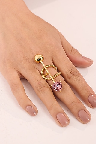 Gold Finish Pink Swarovski Stone Adjustable Ring by Ruhheite