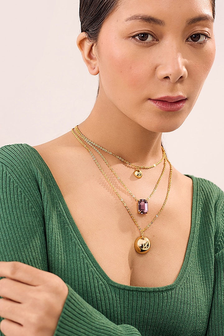 Gold Finish Pink Swarovski Stone Necklace by Ruhheite at Pernia's Pop Up Shop