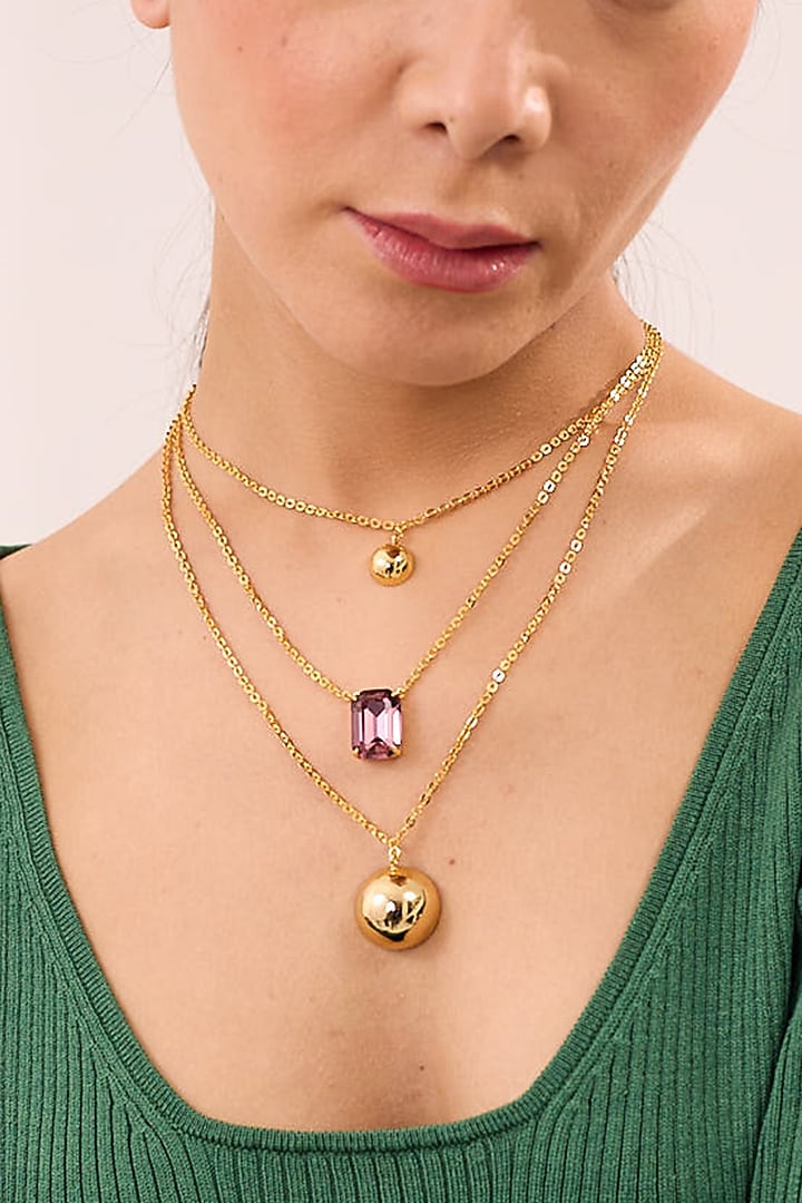 Gold Finish Pink Swarovski Stone Necklace by Ruhheite at Pernia's Pop Up Shop
