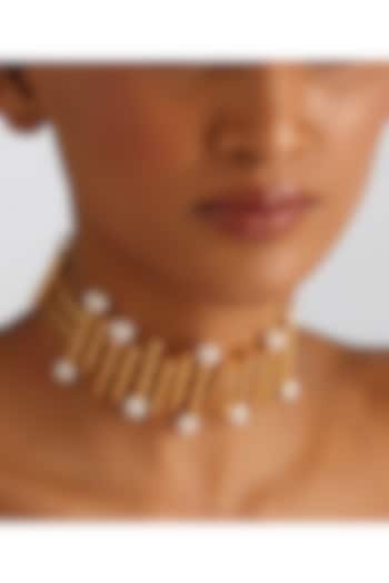 Gold Finish Pearl Choker Necklace by Ruhheite at Pernia's Pop Up Shop