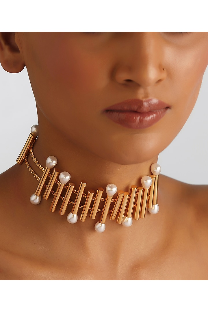 Gold Finish Pearl Choker Necklace by Ruhheite at Pernia's Pop Up Shop