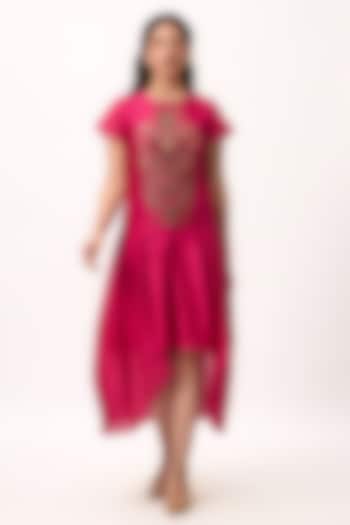 Hot Pink Chanderi Thread Embroidered Summer Dress by Ruchi Marodia at Pernia's Pop Up Shop
