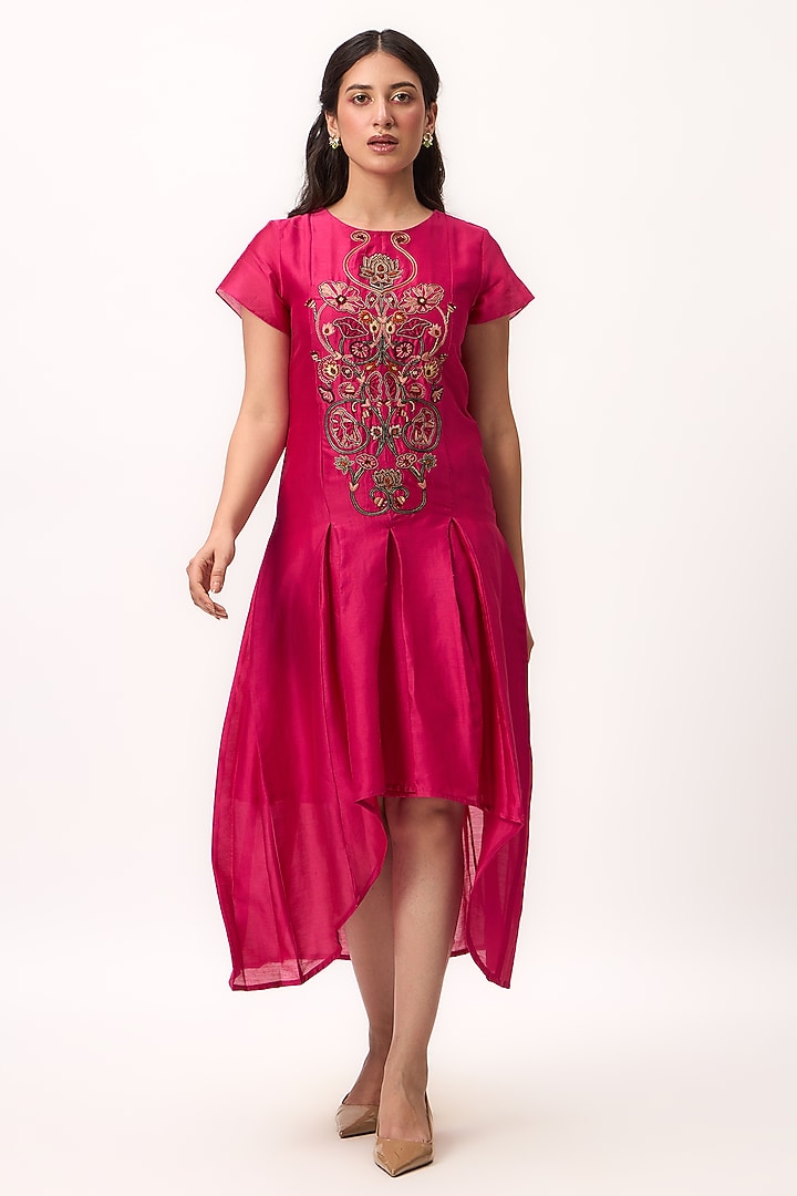 Hot Pink Chanderi Thread Embroidered Summer Dress by Ruchi Marodia at Pernia's Pop Up Shop