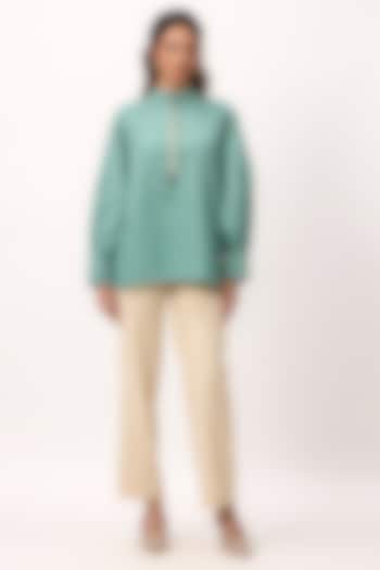 Warm Teal Organic Cotton Satin Hand Embroidered Shirt by Ruchi Marodia at Pernia's Pop Up Shop