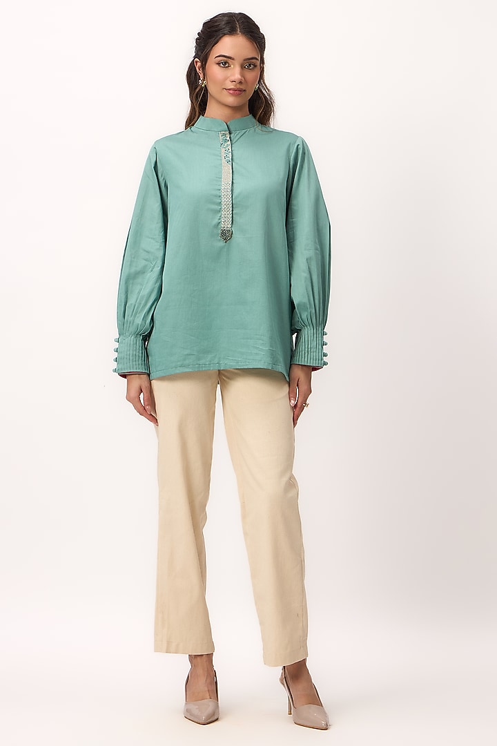 Warm Teal Organic Cotton Satin Hand Embroidered Shirt by Ruchi Marodia at Pernia's Pop Up Shop