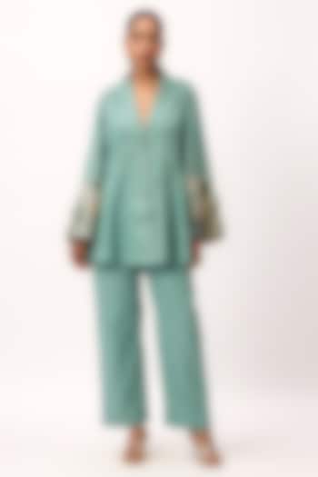 Warm Teal Organic Cotton Satin Hand Embroidered Co-Ord Set by Ruchi Marodia at Pernia's Pop Up Shop