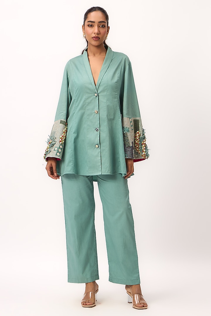 Warm Teal Organic Cotton Satin Hand Embroidered Co-Ord Set by Ruchi Marodia at Pernia's Pop Up Shop
