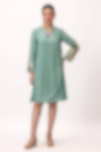 Warm Teal Muslin Silk Thread Embroidered A-Line Knee-Length Vacation Dress by Ruchi Marodia at Pernia's Pop Up Shop