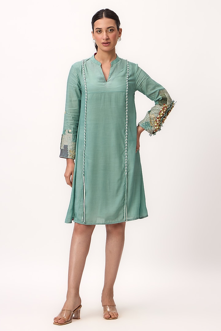 Warm Teal Muslin Silk Thread Embroidered A-Line Knee-Length Vacation Dress by Ruchi Marodia at Pernia's Pop Up Shop