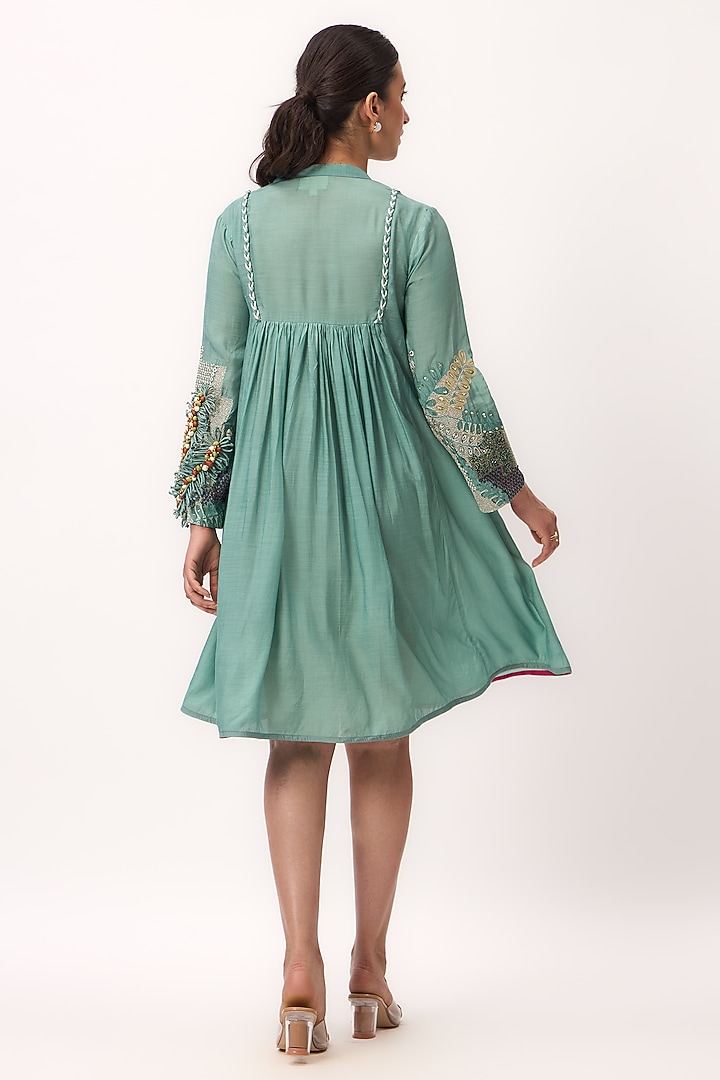 Warm Teal Muslin Silk Thread Embroidered A-Line Knee-Length Vacation Dress by Ruchi Marodia at Pernia's Pop Up Shop
