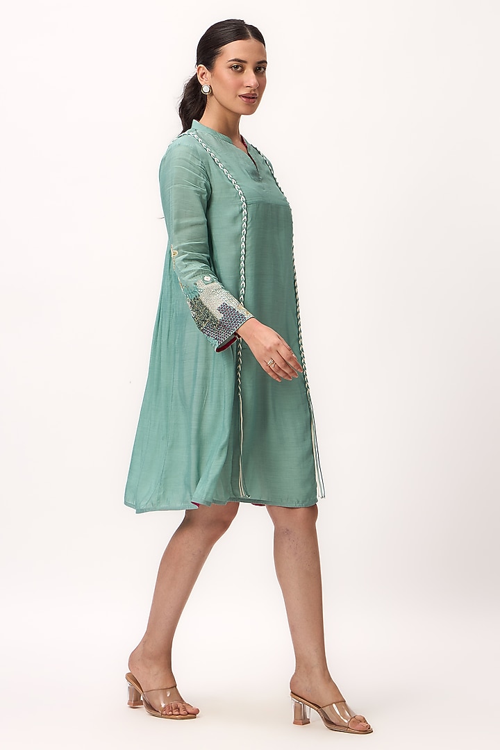 Warm Teal Muslin Silk Thread Embroidered A-Line Knee-Length Vacation Dress by Ruchi Marodia at Pernia's Pop Up Shop